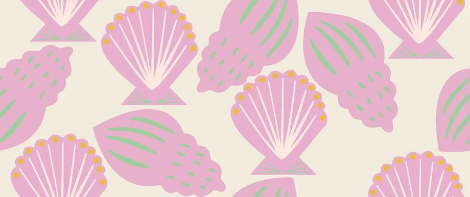 Vector flat illustration. Seamless sea shells in pastel colors. In cartoon Stock Illustration