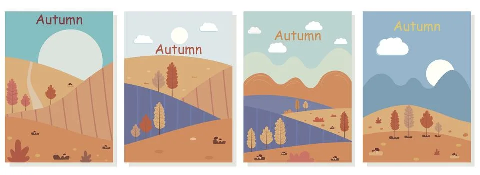 Vector flat illustration. A set of autumn landscape posters. Drawing with t.. Stock Illustration