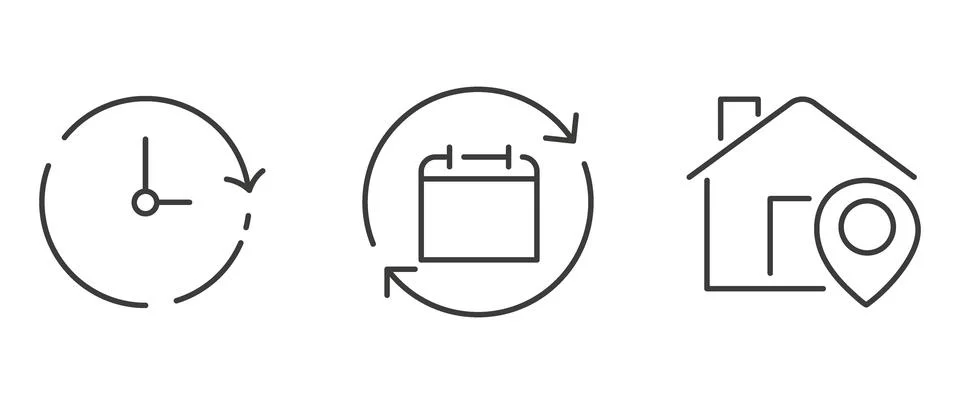 Vector flat illustration. Set of clock, calendar and geolocation icons. Gra.. Stock Illustration