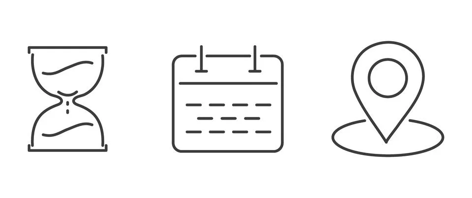 Vector flat illustration. Set of clock, calendar and geolocation icons. Gra.. Stock Illustration