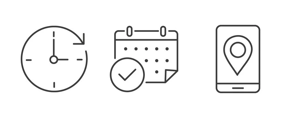 Vector flat illustration. Set of clock, calendar and geolocation icons. Gra.. Stock Illustration