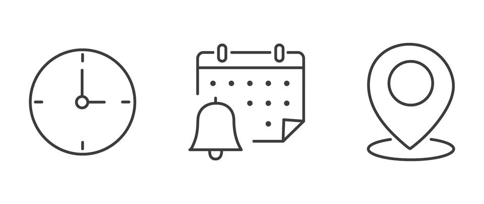 Vector flat illustration. Set of clock, calendar and geolocation icons. Gra.. Stock Illustration
