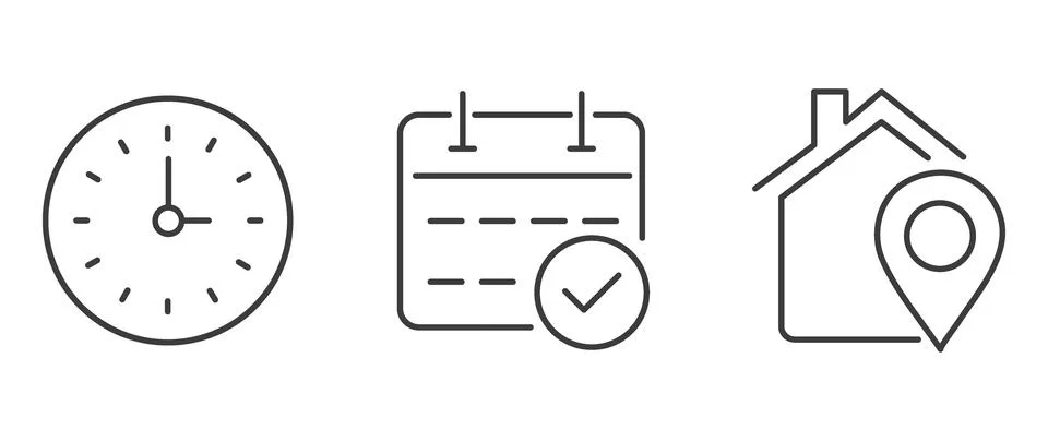Vector flat illustration. Set of clock, calendar and geolocation icons. Gra.. Stock Illustration