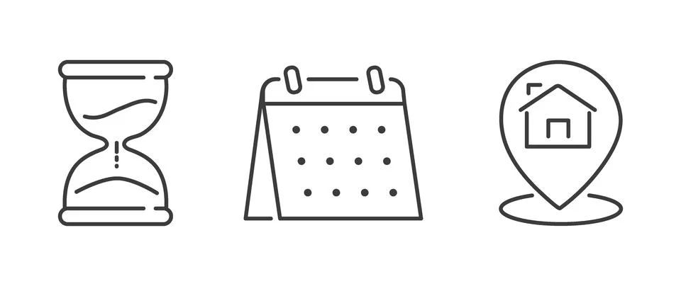 Vector flat illustration. Set of clock, calendar and geolocation icons. Gra.. Stock Illustration