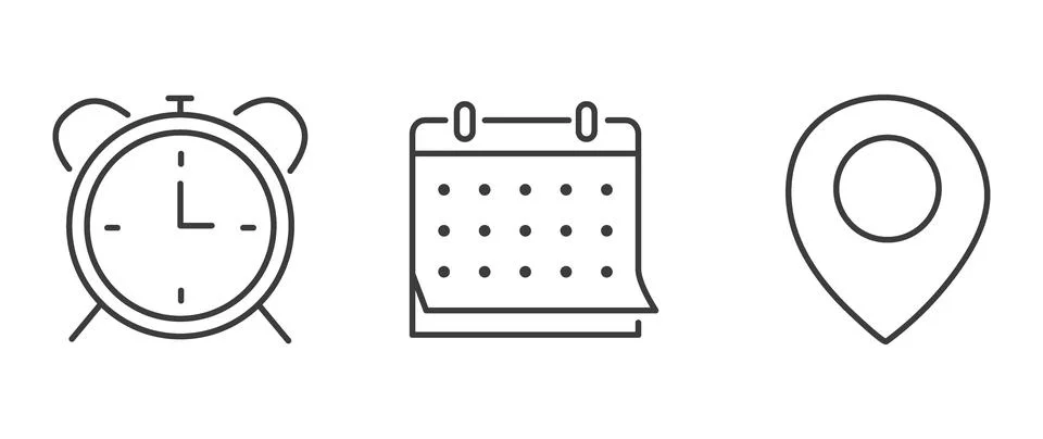 Vector flat illustration. Set of clock, calendar and geolocation icons. Gra.. Stock Illustration
