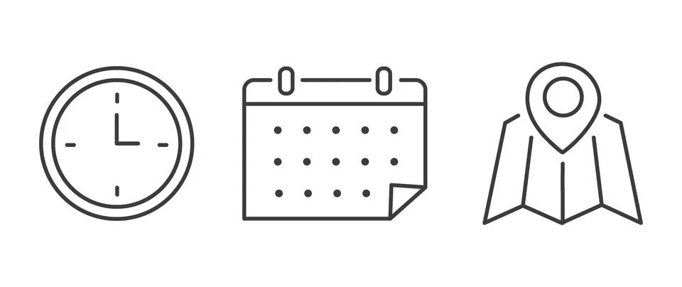 Vector flat illustration. Set of clock, calendar and geolocation icons. Gra.. Stock Illustration