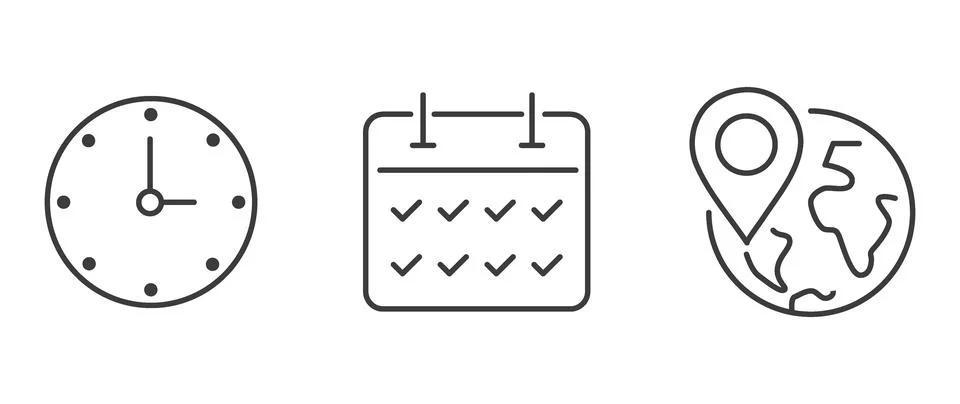 Vector flat illustration. Set of clock, calendar and geolocation icons. Gra.. Stock Illustration