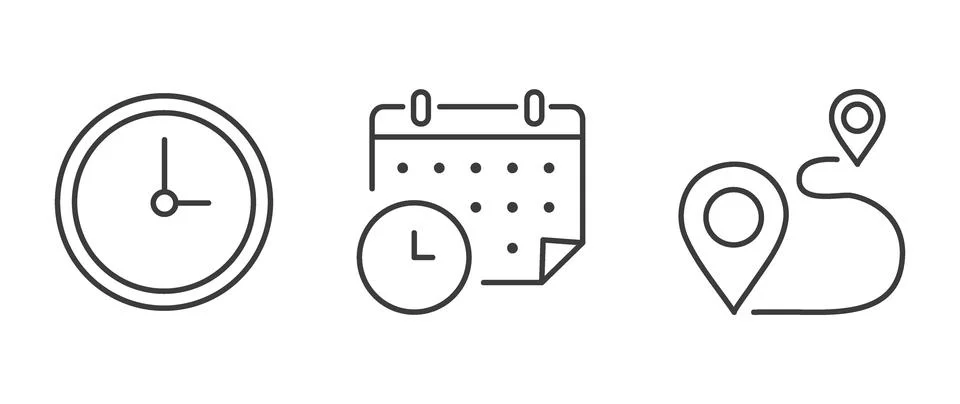 Vector flat illustration. Set of clock, calendar and geolocation icons. Gra.. Stock Illustration