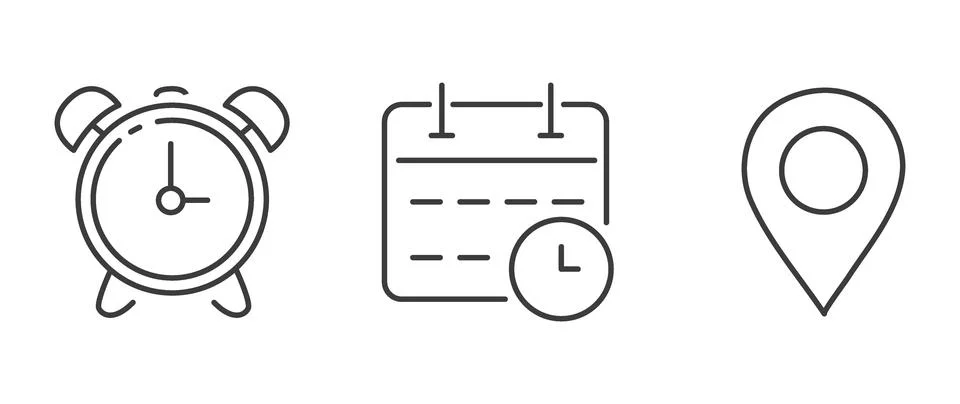 Vector flat illustration. Set of clock, calendar and geolocation icons. Gra.. Stock Illustration