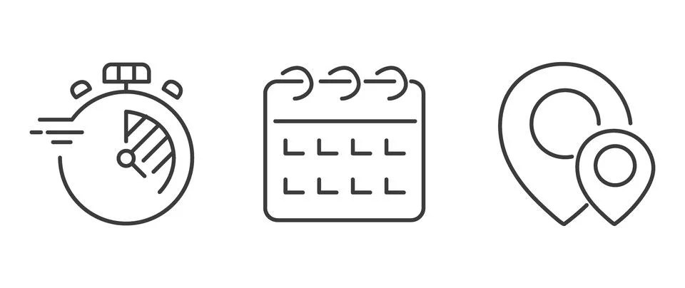 Vector flat illustration. Set of clock, calendar and geolocation icons. Gray Ilustración de archivo