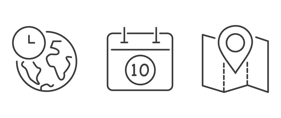 Vector flat illustration. Set of clock, calendar and geolocation icons. Gray Ilustración de archivo