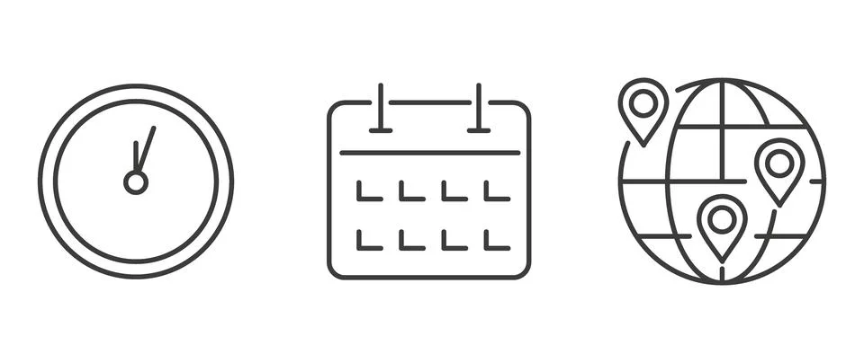 Vector flat illustration. Set of clock, calendar and geolocation icons. Gray Ilustración de archivo