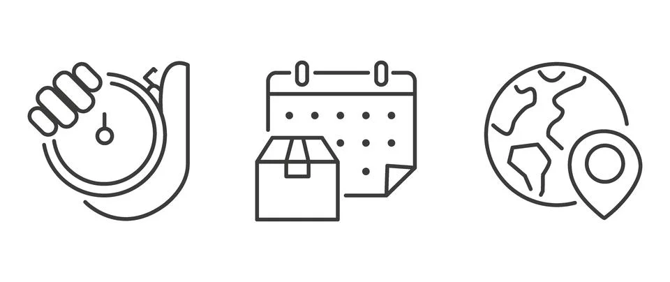 Vector flat illustration. Set of clock, calendar and geolocation icons. Gray Ilustración de archivo