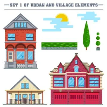 Vector flat illustration. Set of urban and village elements. Stock Illustration