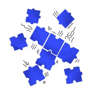 Vector flat illustration of several piece of puzzles, scattering on white space Illustrazione stock