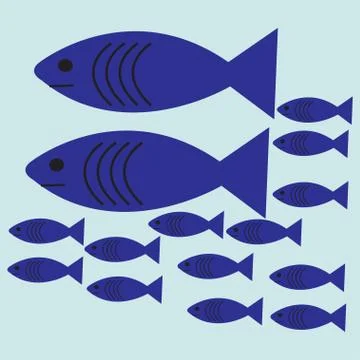 Vector flat illustration. Shoal of blue fish Stock Illustration