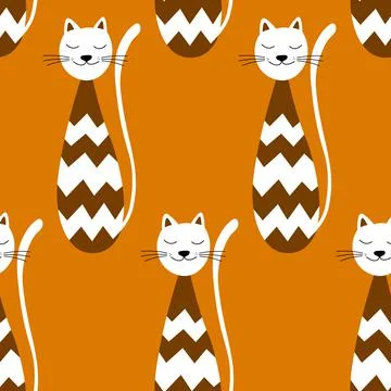 Vector flat illustration with silhouette cute cat. Seamless trendy pattern in Stock Illustration