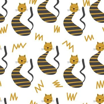 Vector flat illustration with silhouette cute cat. Seamless trendy pattern in 스톡 일러스트