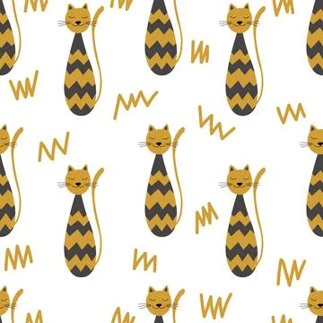 Vector flat illustration with silhouette cute cat. Seamless trendy pattern in 스톡 일러스트