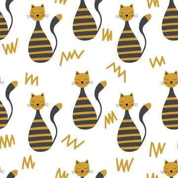 Vector flat illustration with silhouette cute cat. Seamless trendy pattern in 스톡 일러스트