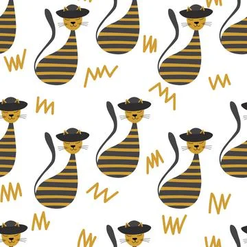 Vector flat illustration with silhouette cute cat. Seamless trendy pattern in Illustrazione stock