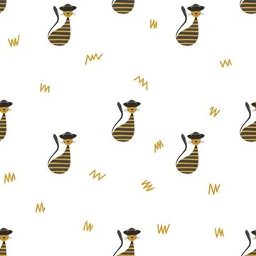 Vector flat illustration with silhouette cute cat. Seamless trendy pattern in Stock Illustration