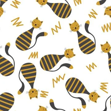 Vector flat illustration with silhouette cute cat. Seamless trendy pattern in 스톡 일러스트