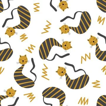 Vector flat illustration with silhouette cute cat. Seamless trendy pattern in Illustrazione stock