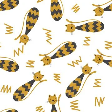 Vector flat illustration with silhouette cute cat. Seamless trendy pattern in Illustrazione stock