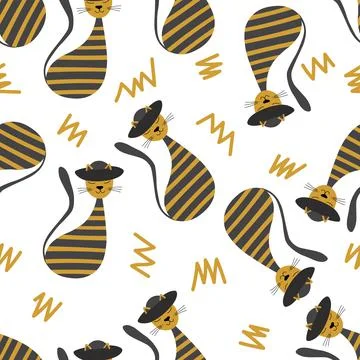 Vector flat illustration with silhouette cute cat. Seamless trendy pattern in Illustrazione stock