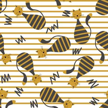 Vector flat illustration with silhouette cute cat. Seamless trendy pattern in Illustrazione stock