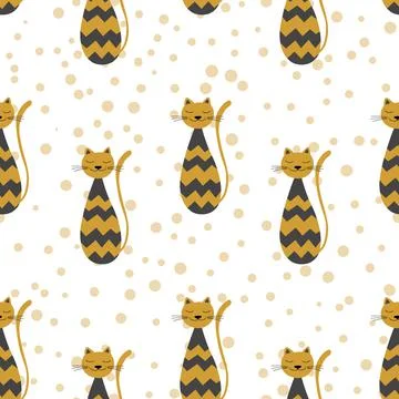 Vector flat illustration with silhouette cute cat. Seamless trendy pattern in Illustrazione stock