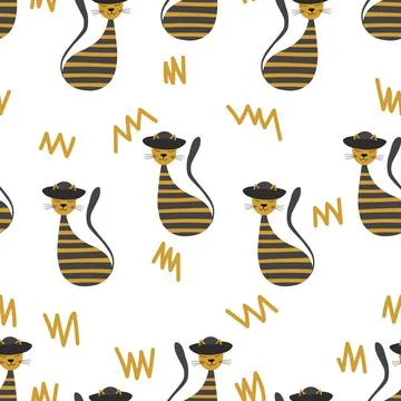 Vector flat illustration with silhouette cute cat. Seamless trendy pattern in 스톡 일러스트