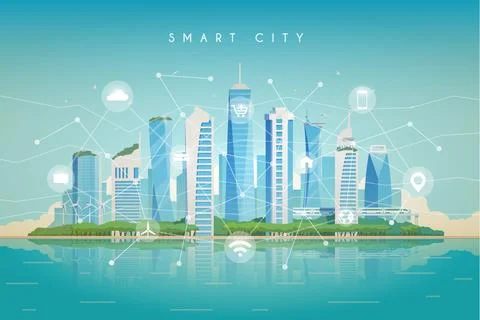 Vector flat illustration. Smart city. Modern buildings. Green city. Icons o.. Stock Illustration