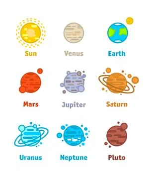 Vector flat illustration of the solar system planets with the names. Illustrazione stock