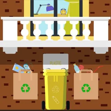 Vector flat illustration of sorting garbage into categories plastic, organic Stock Illustration