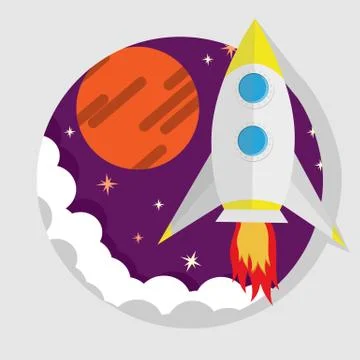 Vector flat illustration of a spacecraft flying into space Stock Illustration
