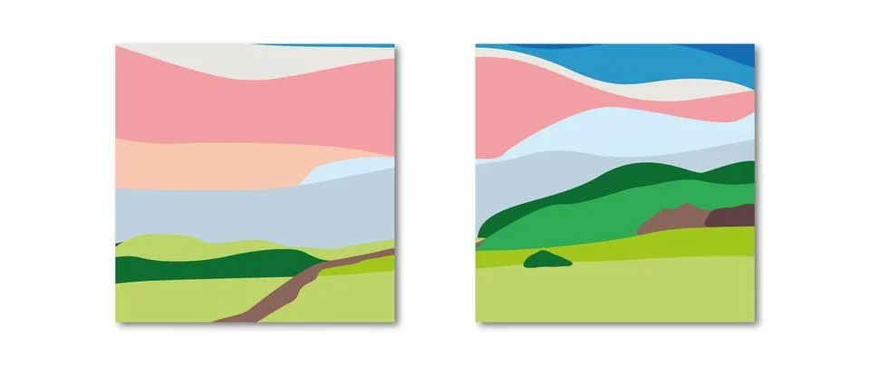 Vector flat illustration. Spring or summer landscape. Square stylish poster 스톡 일러스트