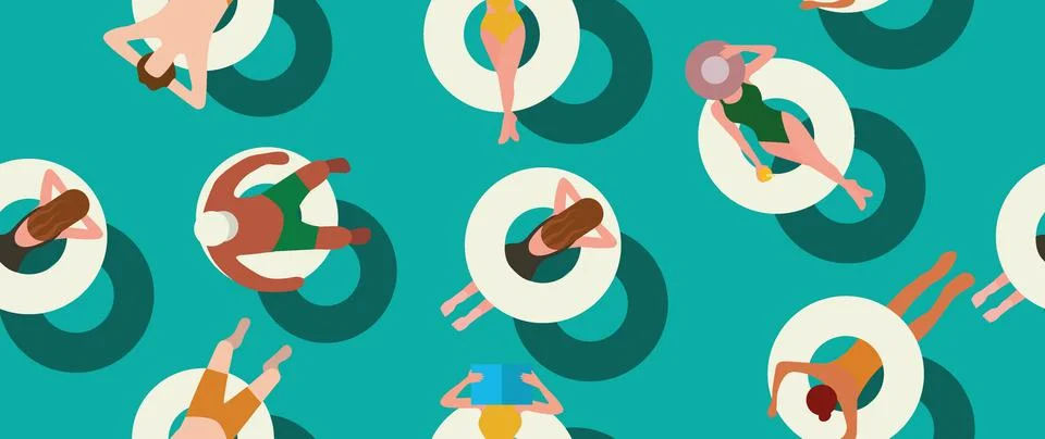 Vector flat illustration. Summer vacation concept. Blue pool with girls Stock Illustration