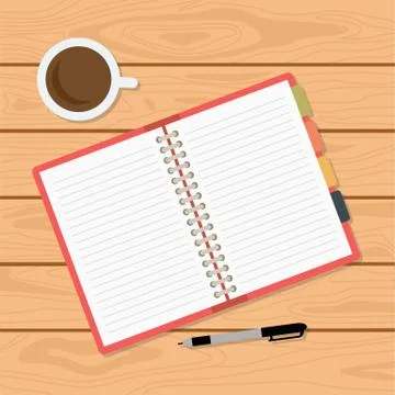 Vector flat illustration of table with a daily planner, cup of coffee and pen Illustrazione stock
