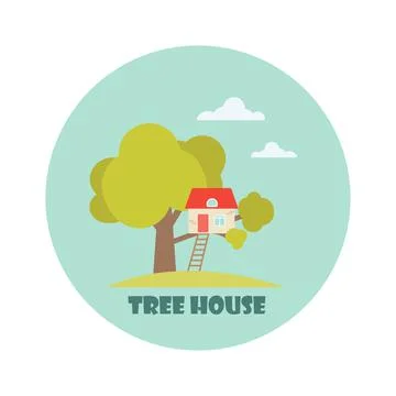 Vector flat illustration with a tree house in a circle on a white background Stock Illustration