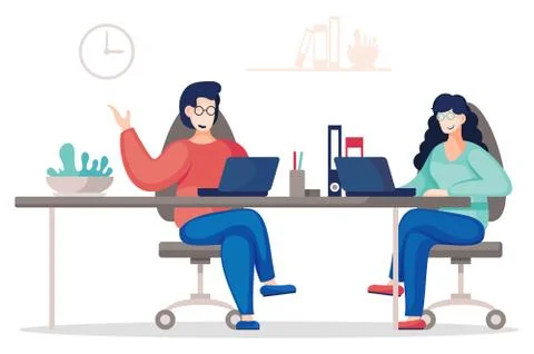 Vector flat illustration of two communicating colleagues in the office sitting Illustrazione stock