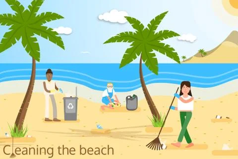 Vector flat illustration of volunteers of different age and race in yellow pr Stock Illustration