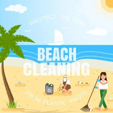 Vector flat illustration of volunteers in protective gloves cleaning the beac Stock Illustration