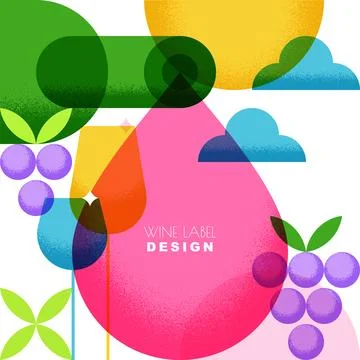 Vector flat illustration of wine bottle, glasses, liquid wine drop, grapes... Stock Illustration