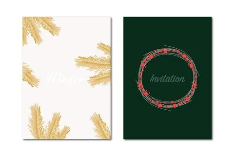 Vector flat illustration. Winter design. Two posters with pine and viburnum Stock Illustration