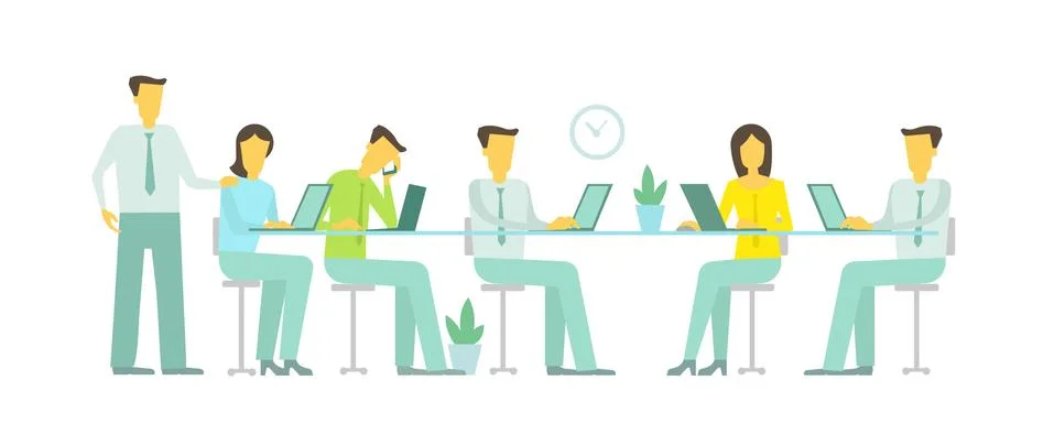 Vector flat illustration. Work in the office team. Six people at the table. Work Stock Illustration