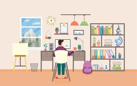 Vector flat illustration of workplace in study room with student or schoolchild 库存插图