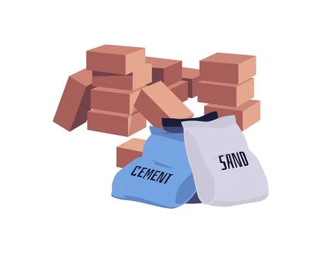 Vector flat illustrations of red bricks, bags of cement and sand. Stock Illustration