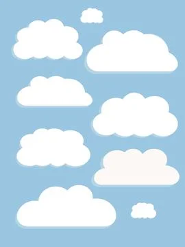 Vector flat illustration.White clouds set isolated on a blue background. So.. Stock Illustration